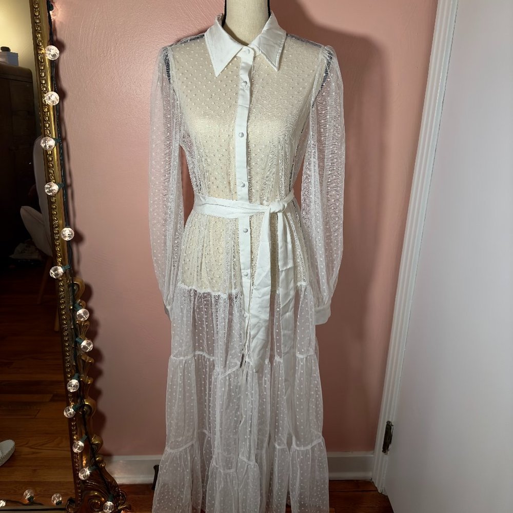 Boutique Tulle Sheer Button Down Gown with Wrap White One Size
